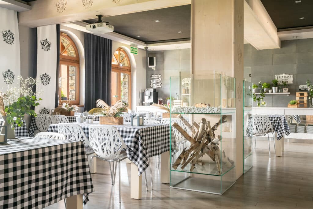 Tables in our bright dining room