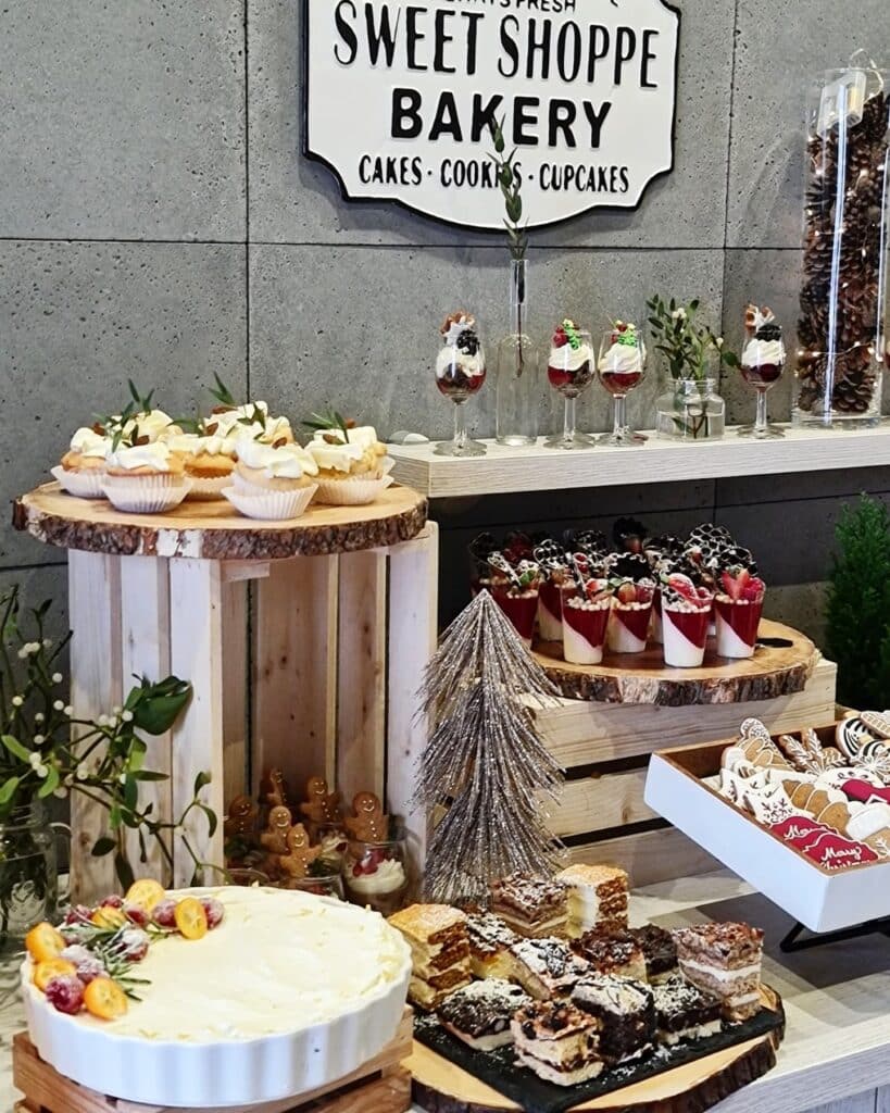 A selection of cakes and desserts on a festive buffet