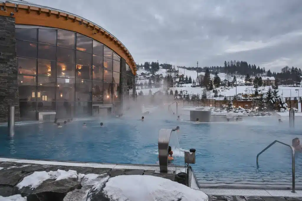 Outdoor thermal pool in winter in Białka Tatrzańska