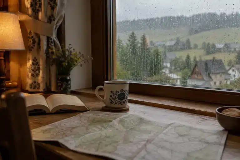 Książka, mapa i kubek przy oknie w deszczowy dzień