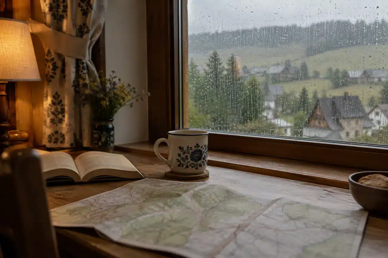 Książka, mapa i kubek przy oknie w deszczowy dzień