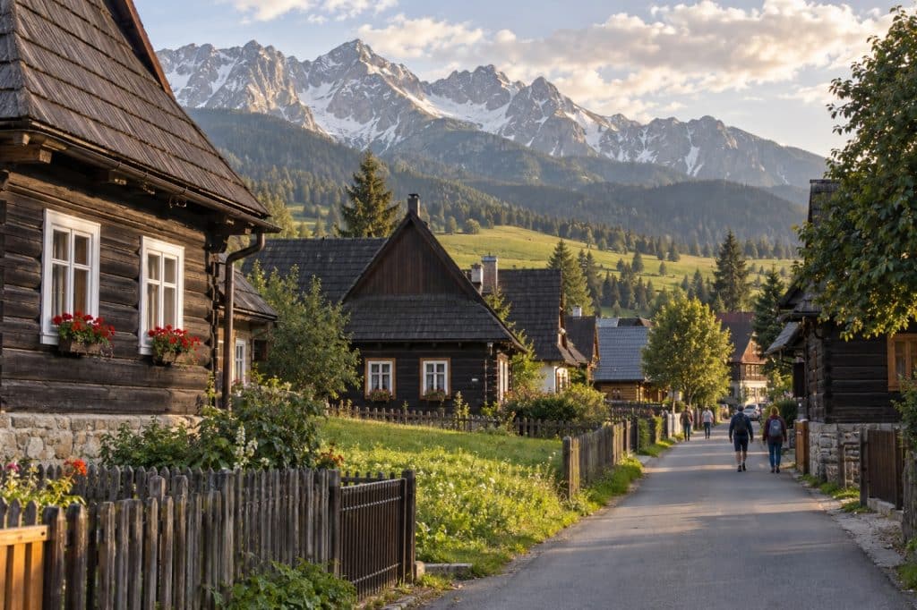 Traditional wooden houses in Ždiar below the Belianske Tatras