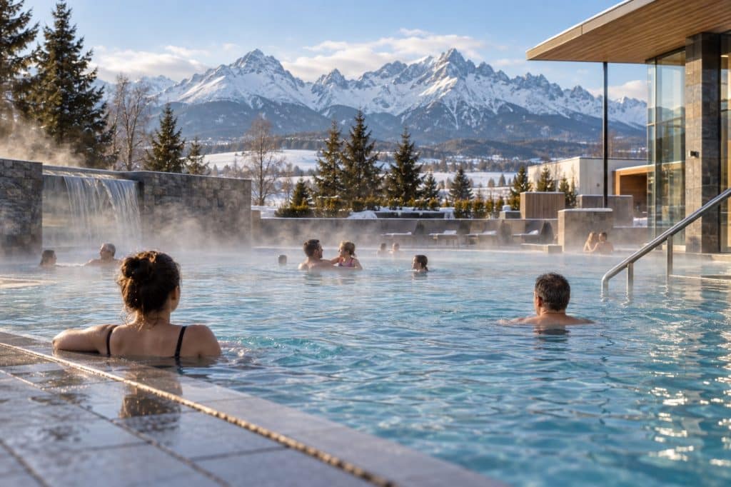 Outdoor thermal pool in Poprad with a High Tatra panorama