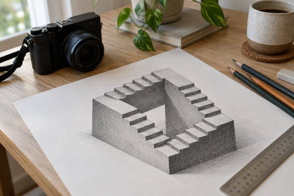 Camera beside a drawing of stairs illustrating perspective and photography