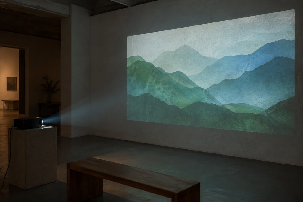 Projector light and abstract colours on a wall illustrating digital art