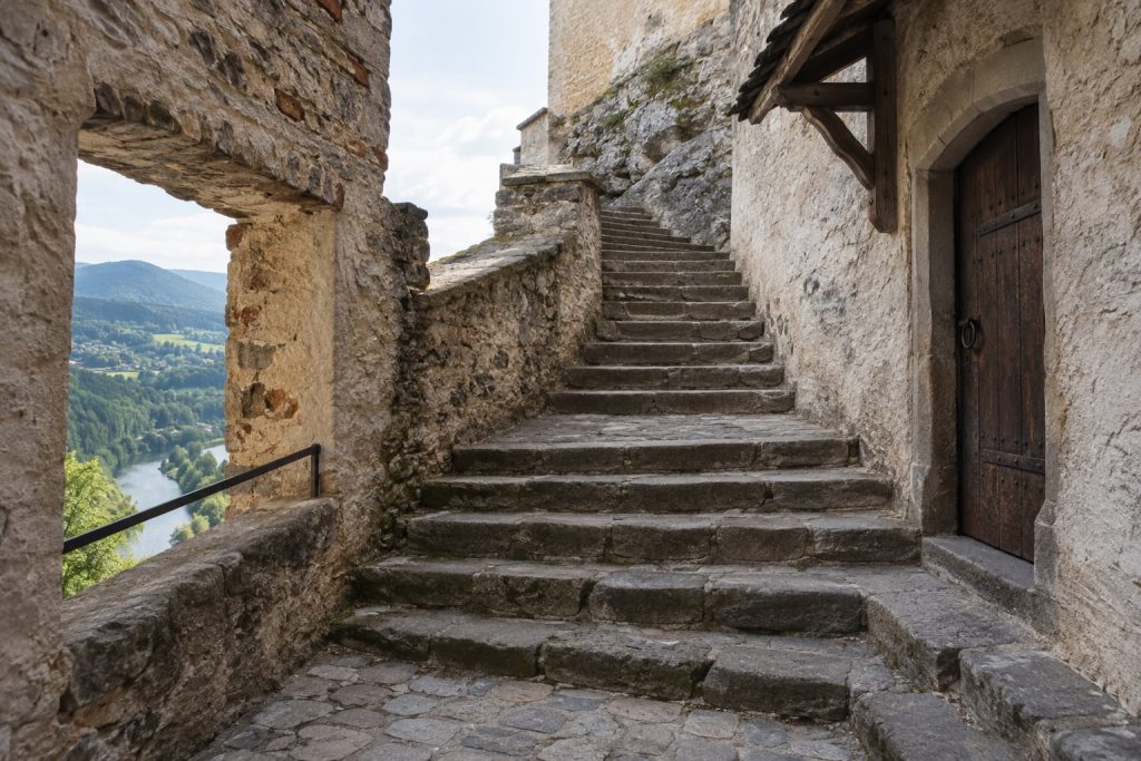 Stone steps between castle walls illustrating historic Orava architecture