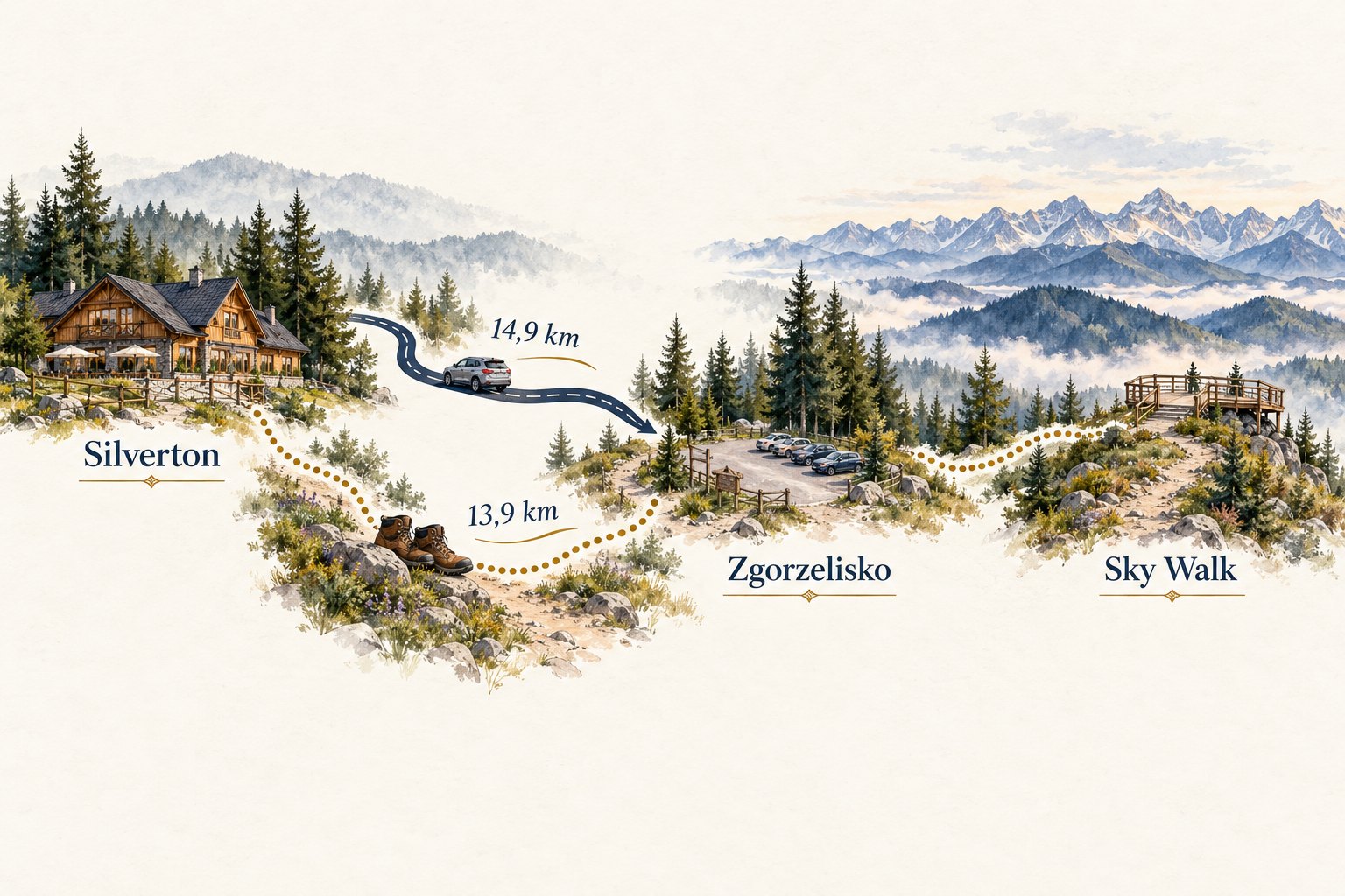Conceptual illustration of the 14.9 km drive or 13.9 km walk from Silverton to Zgorzelisko parking, followed by the approach to Sky Walk
